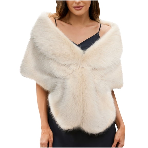 QSAWXQZ Faux Fur Shrug for Women Soft Fluffy Open Front Shawl Wrap for Evening Dresses and Weddings Beige Free Size
