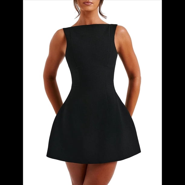 Vestido Mini de Verano para Mujer, Sin Mangas, con Cremallera, Cuello Alto, Ajustado, Corte A, para Fiesta y Club Negro L