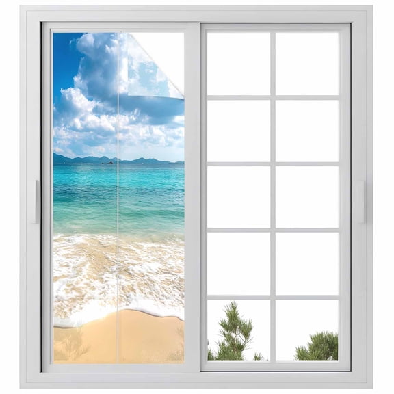 Ocean Beach Window Privacy Film, Blue Sky Waves Sand Horizon Shore Summer Static Cling UV Sun Blocking Heat Control Window Tint Day and Night, Non-Adhesive One Way Windows Privacy Cover 23.6''x59''