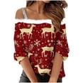 thumbnail image 2 of FDGIU Women's Cold Shoulder Christmas Top 2025, Faux Fur Trim and Holiday Print, Loose Fit 3/4 Sleeve Blouse for Xmas Party, 2 of 5