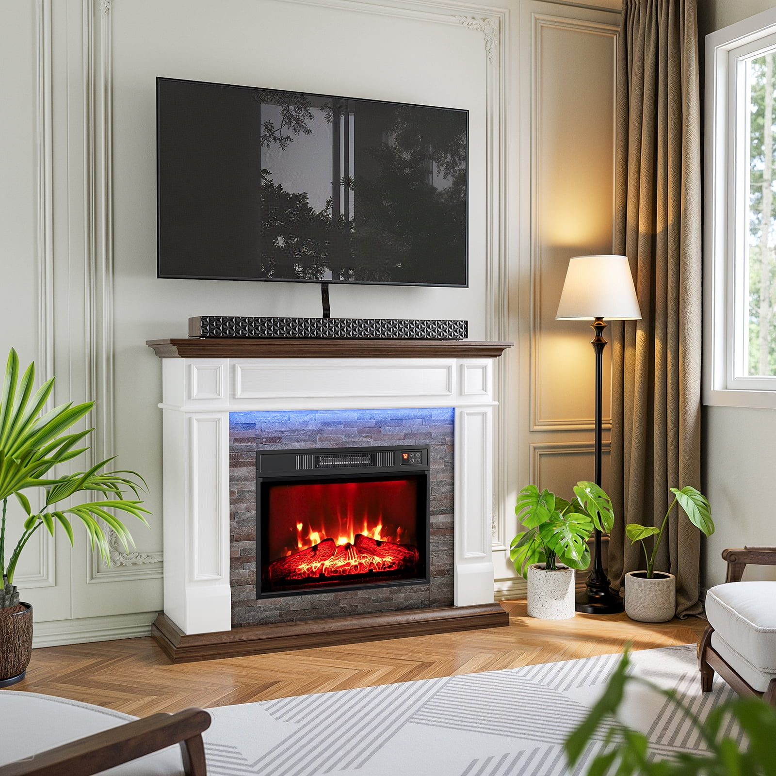 LGHM 44" Electric Fireplace with Mantel, Free Standing Fireplace Heater with LED Lights for Living Room, Bedroom, White & Brown