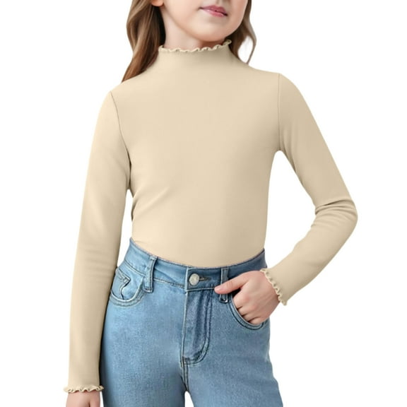KDDYLITQ Girls Mock Neck Long Sleeve Shirts Ribbed Knit Slim Fit Base Layer Tops Tees Soft Casual Shirt Beige 9-10 years