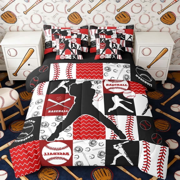 Erosebridal Red Black Baseball Twin Bedding Sets, Sport Bedding Comforter Set for Boys and Girls, Black Reversible 7 Pieces