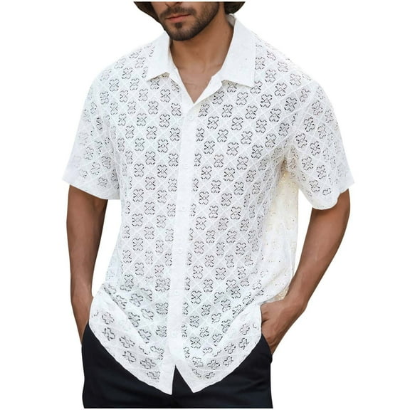 USNSM Mens Lace Hollow Out Button Down Shirt Short Sleeve Mesh Lapel Shirts Casual Summer Beach Vacation Tops White M