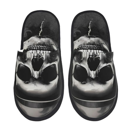 Balery Black White Hat Skull Slient Indoor Furry Fleece Comfort House Shoes Soft Non-Slip Home Shoes Cotton slippers House Slippers-- Large