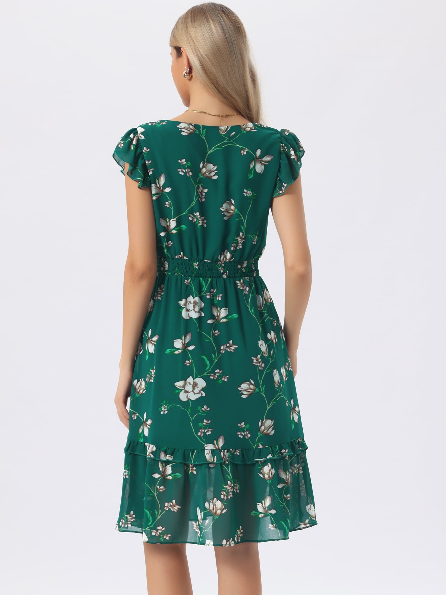 DARING DIVA Women's Floral Summer V Neck Flutter Sleeve Ruffle Dress M Dark Green
