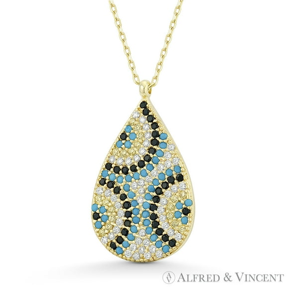 Tear-Drop Design Evil Eye Luck Charm CZ Crystal Pendant & Chain Necklace in .925 Sterling Silver