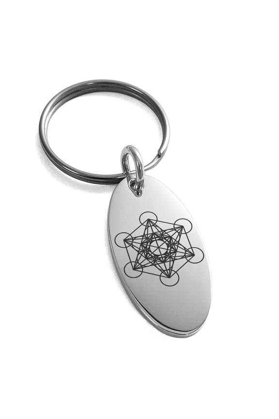 Stainless Steel Metatron’s Cube Engraved Small Oval Charm Keychain Keyring
