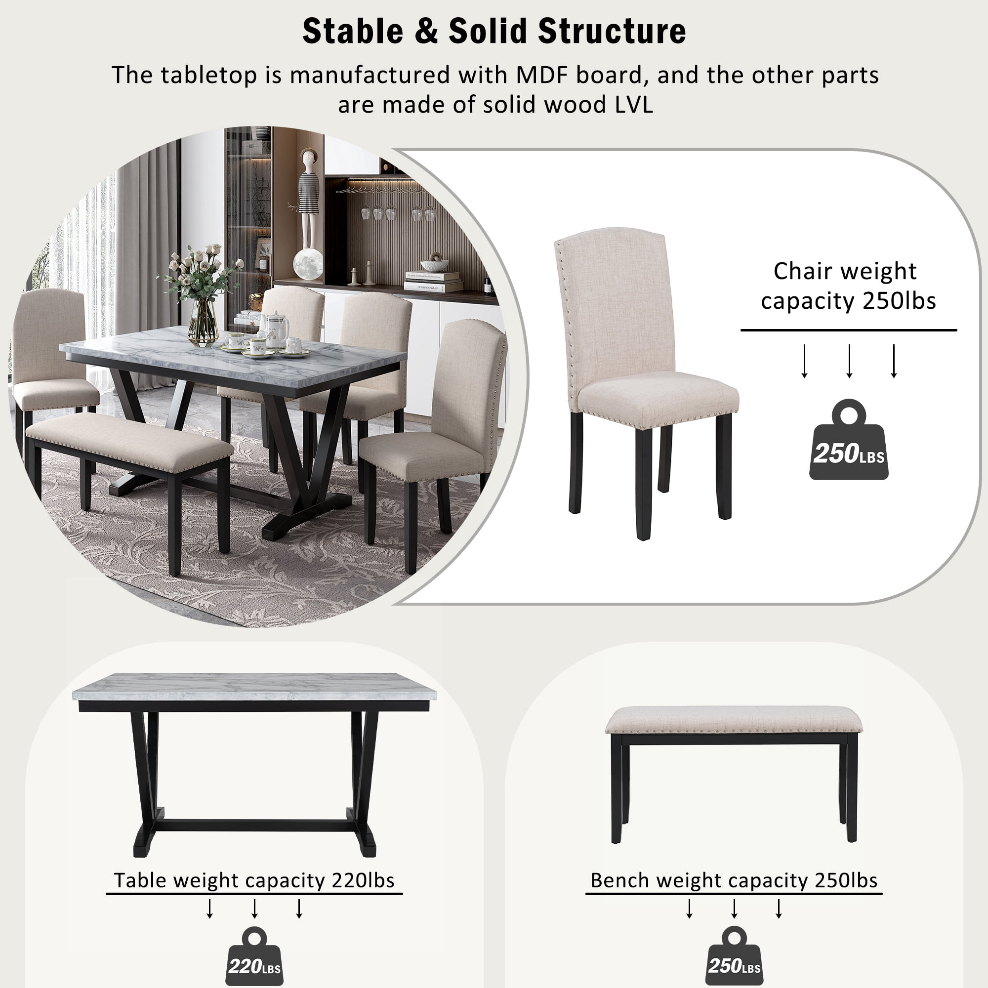 Howcool Modern 6-Piece Dining Set, Marbled Veneers Tabletop, V-Shaped Legs, 4 Chairs & Bench, White