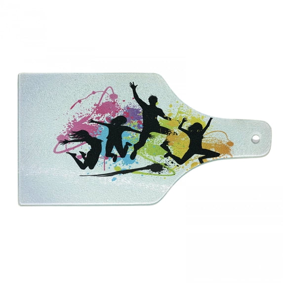 Youth Cutting Board, Jumping People Set Against Elements Teenagers Having Fun Energy Activity, Decorative Tempered Glass Cutting and Serving Board, Wine Bottle Shape, Multicolor, by Ambesonne
