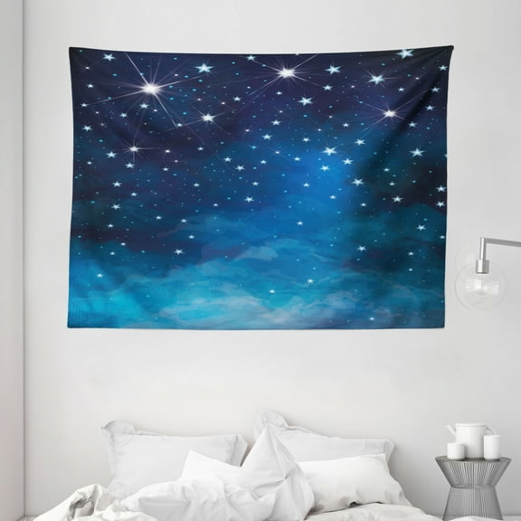 Night Tapestry, Vibrant Star in Abstract Ombre Style Sky Astronomy Themed Graphic, Wall Hanging for Bedroom Living Room Dorm Decor, 80W X 60L Inches, Pale Blue Dark Blue White, by Ambesonne