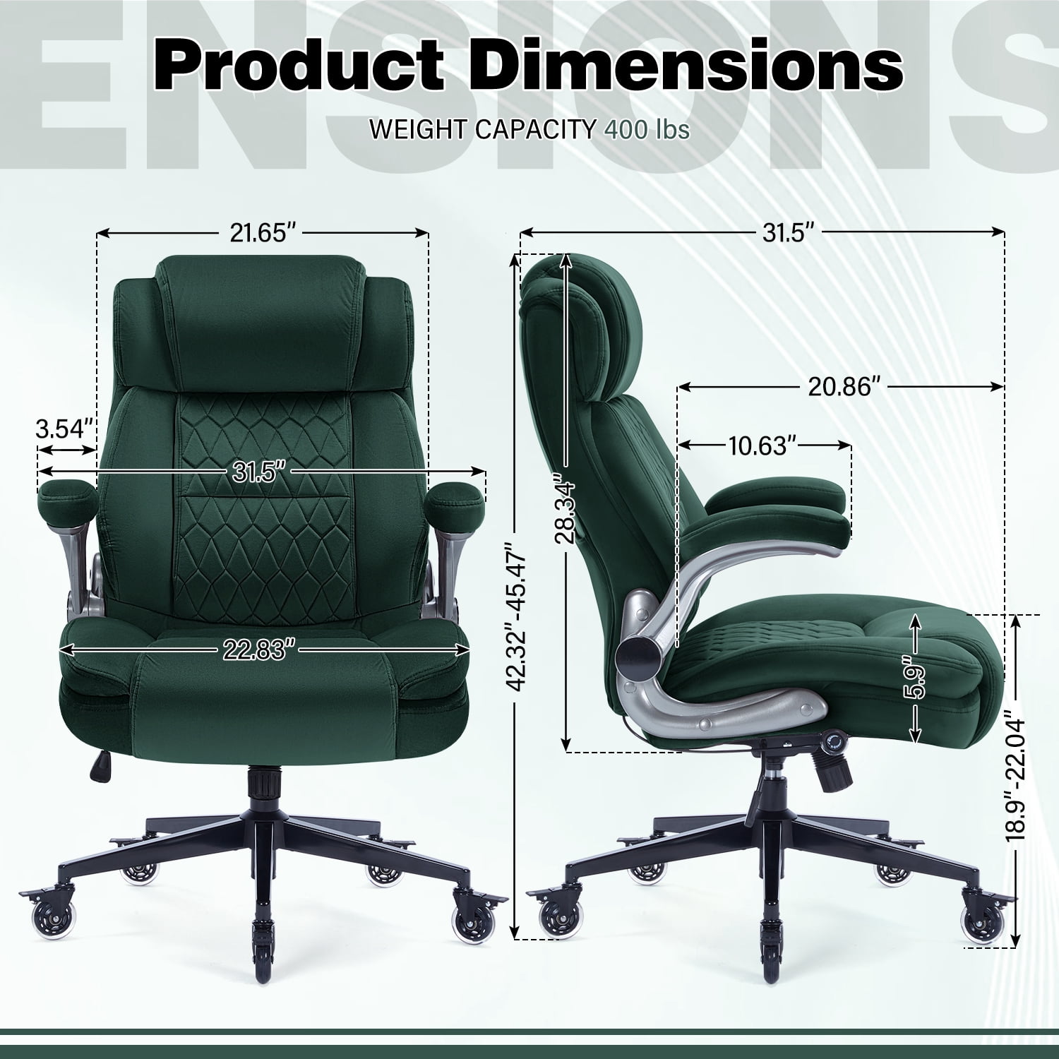 High Back Office Chair with Lockable Wheels, 400lbs Large Fabric Executive Desk Chair, Adjustable Lumbar Support Flip up Arms, Ergonomic Home Office Computer Chair with Storage Pocket, Green