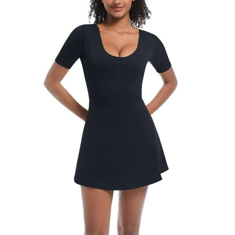 Tennis Dress for Women Scoop Neck Stretchy Short Sleeve Athletic Golf Workout Dress Build in Shorts Slimming Solid - Walmart.com Tennis Dress for Women Scoop Neck Stretchy Short Sleeve Athletic Golf Workout Dress Build in Shorts Slimming Solid - Walmart.com