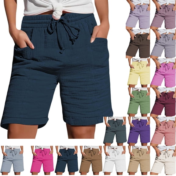Womens Shorts Plus Size Fashion Womens Shorts Casual Pocket Solid Elastic Waist Drawstring Pants Shorts for Women Under $15 Womens Shorts Summer