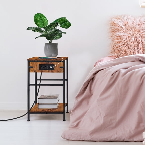 2‑Pack Rustic Brown Side Table with Charging Station, 2‑Tier Industrial End Table with USB Ports & AC Outlets