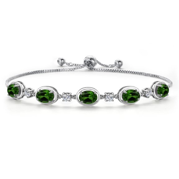Gem Stone King 925 Sterling Silver Green Chrome Diopside and Moissanite Tennis Bracelet for Women | 3.50 Cttw | Gemstone Birthstone | Oval 7X5MM | Fully Adjustable 10 inch