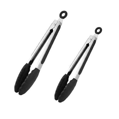 2Stainless Steel Heat Resistant Kitchen Tongs for Cooking, Set of 2 BBQ Tong, Non Scratch Silicone Tip for Pans, Strong Grip, Grab Food, Toss Salad, Air Fryer, Pull Lock, 7   9 Inch, Black