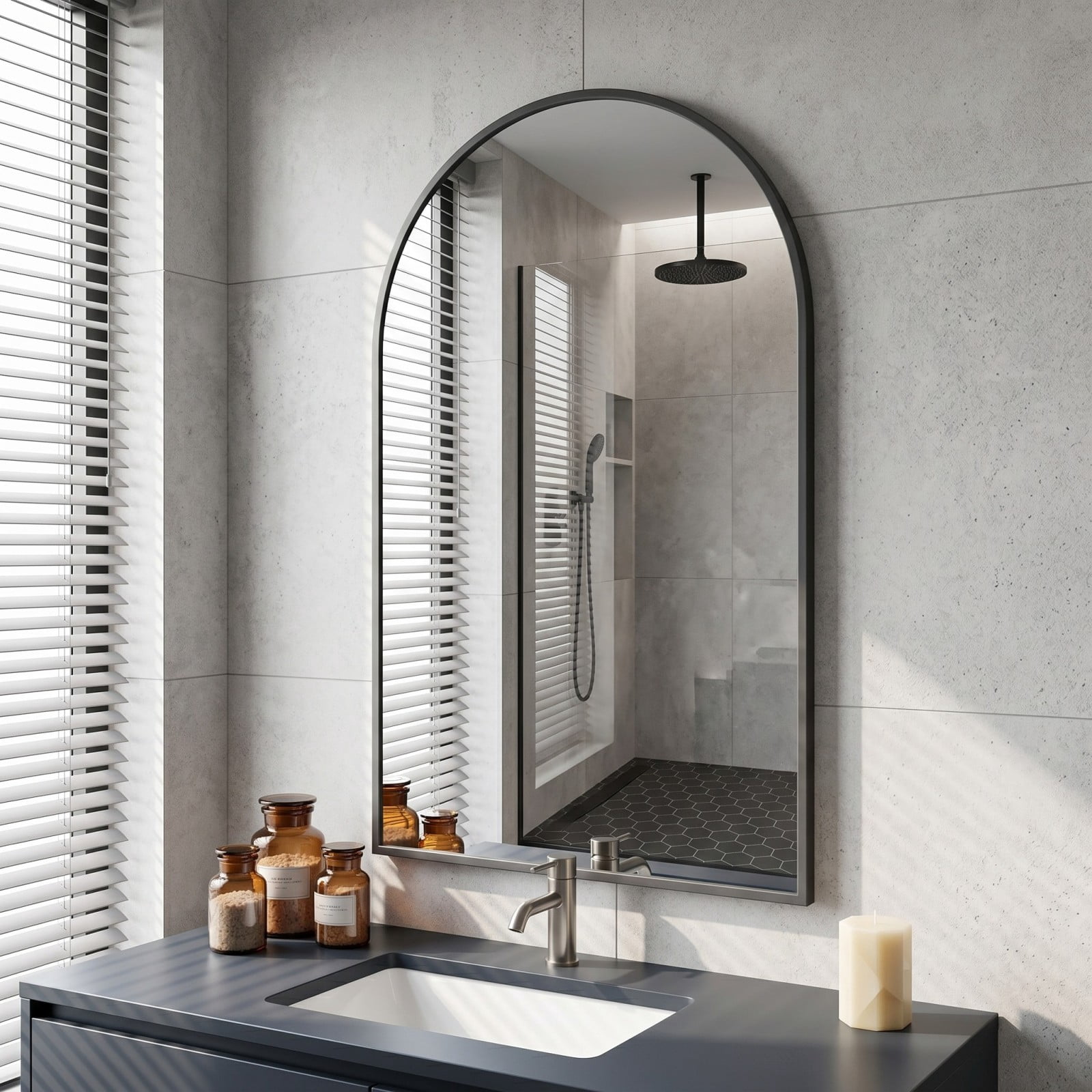 Gleamira 26"x41" Arched Bathroom Mirror Wall Mounted Mirror with Metal Frame, Black
