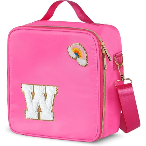 shiyou-Insulated Nylon Lunch Box for Girls, Kids, and Women-Stylish Pink Preppy Large Lunch Bag with Adjustable Strap and Chenille Letter, Tote for School, Travel, and Picnics-Ideal Preppy Stuff Choi