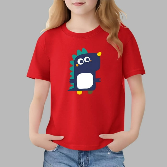 Blusas y camisas de manga corta con cuello redondo para niños Camiseta de verano de manga corta estampada para niñas Jersey elegante de cuello redondo para niñas Top de algodón para niños
