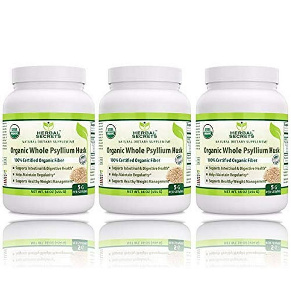 Herbal Secrets USDA Certified Organic Psyllium Husk 16 Oz - Vegan, Dairy Free, GMO Free, Gluten Free, no Sugar, (Pack of 3)