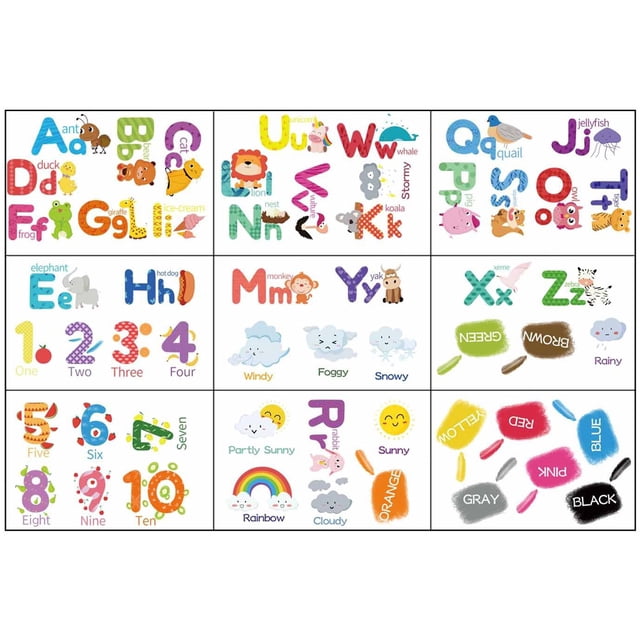 MasteelfCA 9 Sheets Wall Stickers Alphabet Number Color Weather Learning Educational Wall Decals