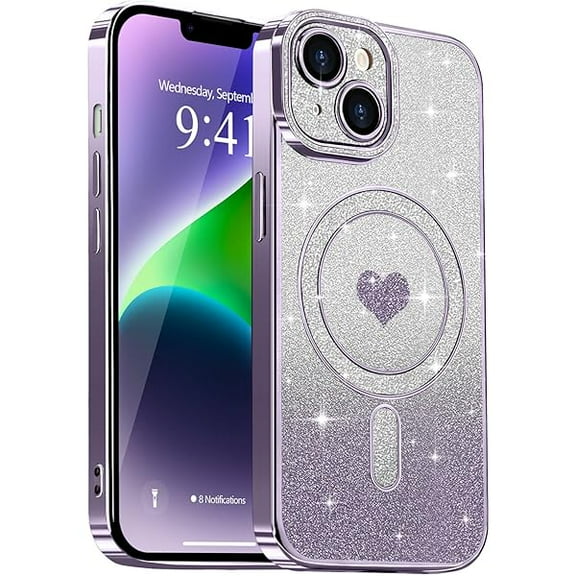 Magnetic for iPhone 14 Case Glitter, Cute Love Heart Plating Luxury Sparkle Bling Clear Cover for Women Girls Anti-Scratch Camera Protection Shockproof Phone Case for iPhone 14, Purple