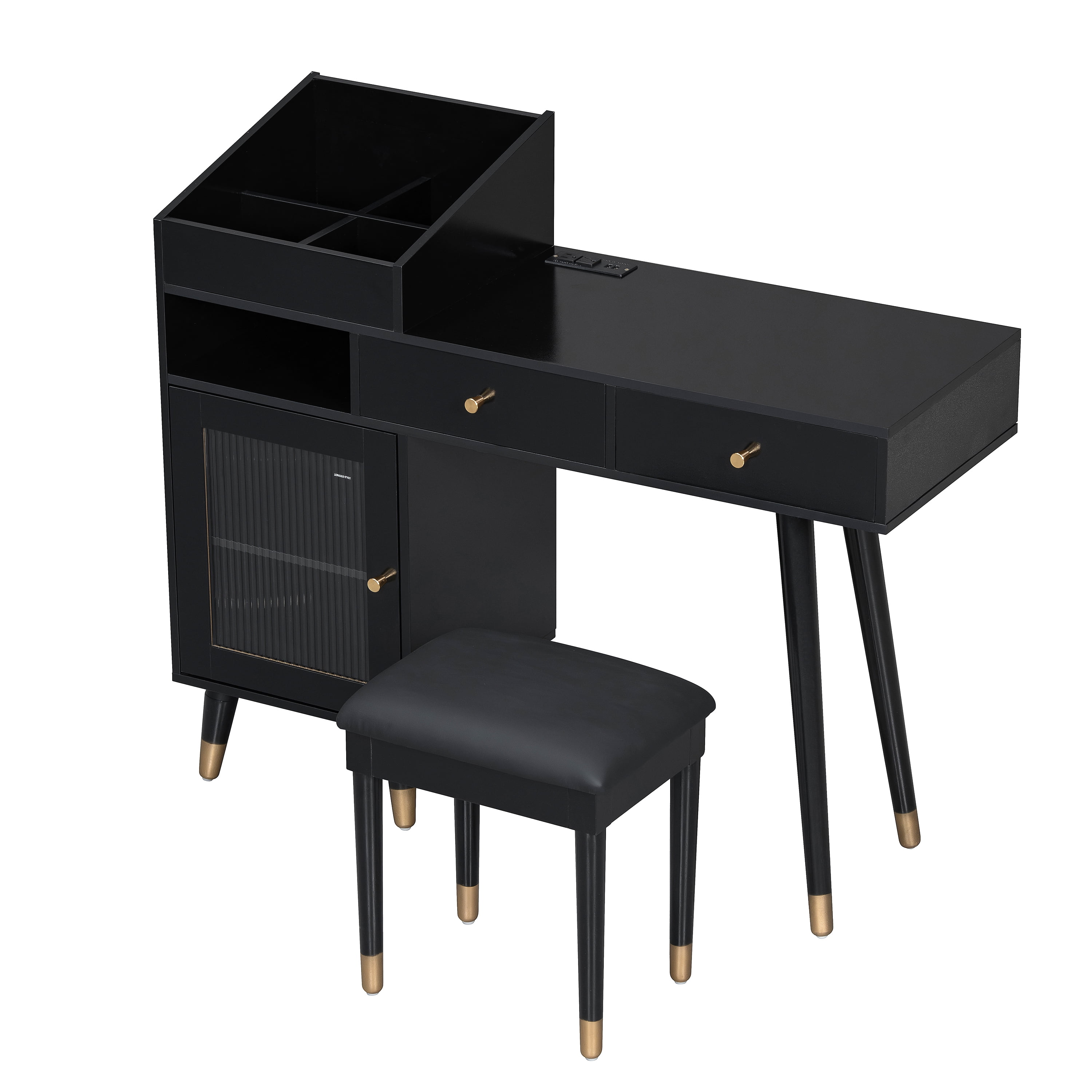 Euroco Modern Vanity Desk with Charging Station, Drawers & Cabinet – Makeup Table with Padded Stool, USB Ports & Storage for Bedroom or Office