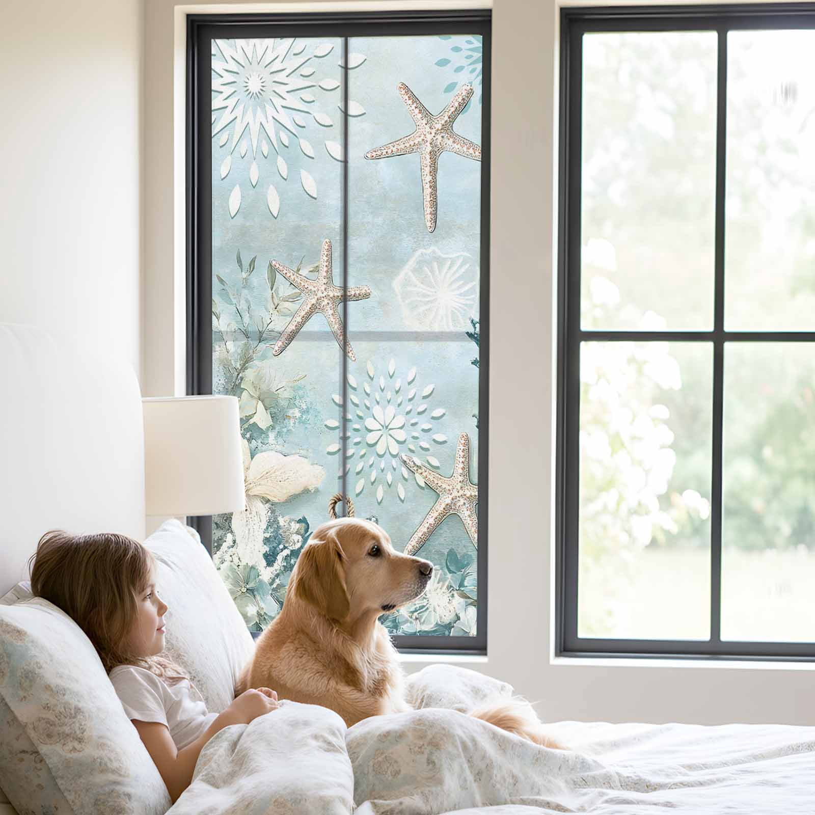 Teal Ocean Coastal Privacy Window Film, Decorative Frosted Glass Window Film, Summer Beach Nautical Coral Starfish Reusable Peel and Stick Static Cling for Home Bathroom Office Glass Door 23.6"x59"