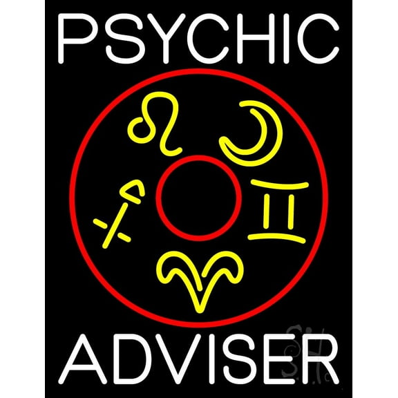 White Psychic Adviser With Logo LED Neon Sign 31" Tall x 24" Wide - inches Black Square Cut Acrylic Backing, with Dimmer - Bright and Premium built indoor LED Neon Sign for Storefront.