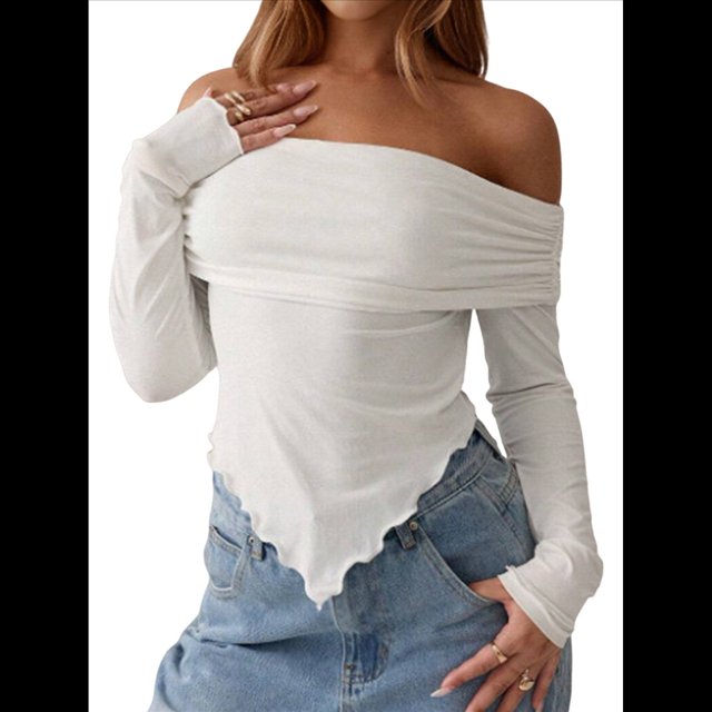 Camiseta Asimétrica Ajustada de Larga con Hombros Descubiertos Y2K para Mujer M