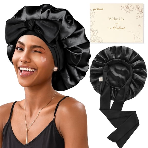Double Layer Silk Satin Bonnet for Sleeping Women Printed Pattern Satin Bonnet with Tie Band for Women Curly Natural Hair