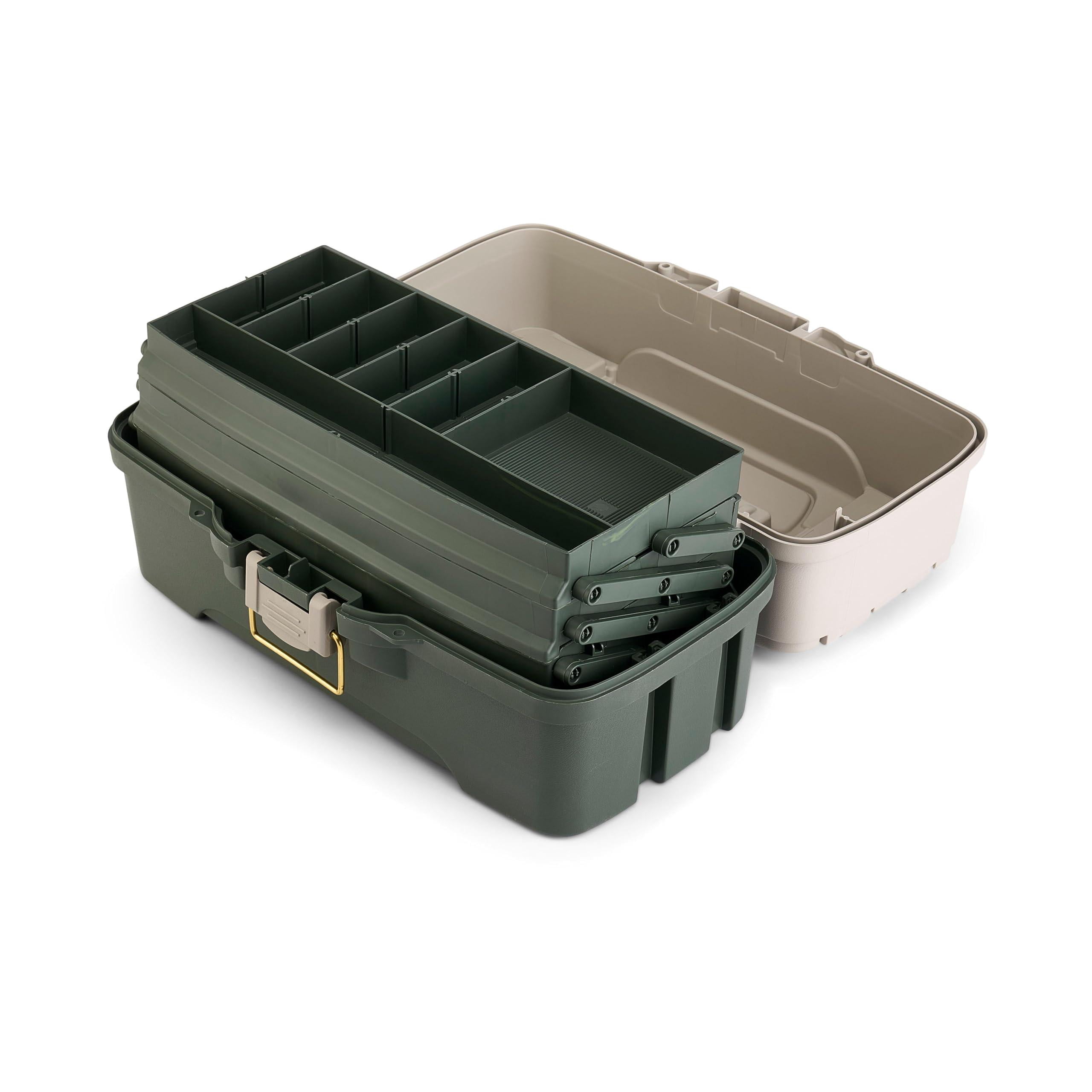 Three-tray Tackle Box  Green/tan Rust-proof Brass Latch Top-access Tray With Deep Storage Made In The Portable Fishing Gear Organizer