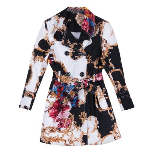 Richie House Little Girls Black Floral Patterned Belted Trench Coat 2/3