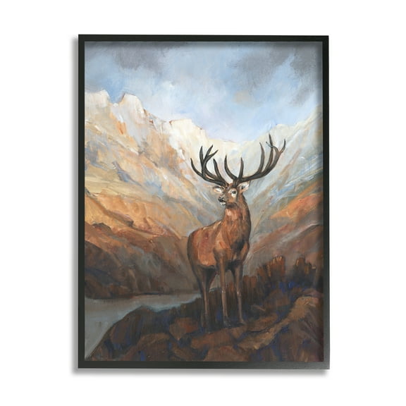 Stupell Wild Deer Breathtaking Mountain View Animals & Insects Painting Black Framed Art Print Wall Art