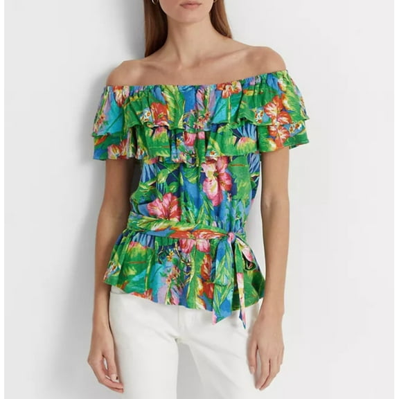Women's Floral Jersey Off The Shoulder Blouse Top Green X-Large