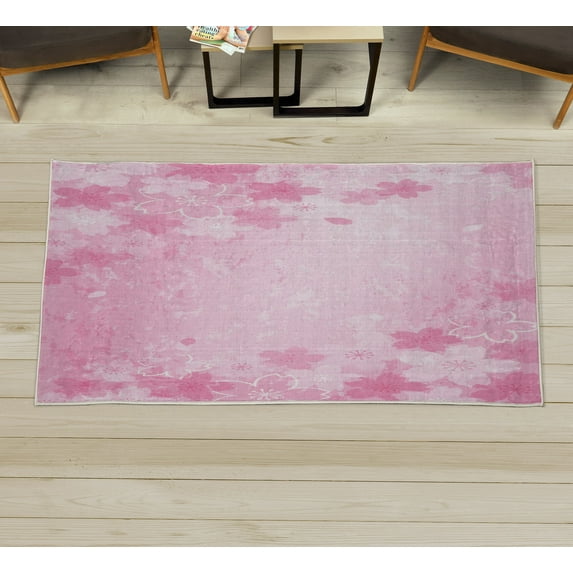 Nature Decorative Rug, Cherry Blossoms Pattern in Shabby Form Style Flourish Themed Art Print, Quality Carpet for Bedroom Dorm and Living Room, 6 Sizes, Pale Pink, by Ambesonne