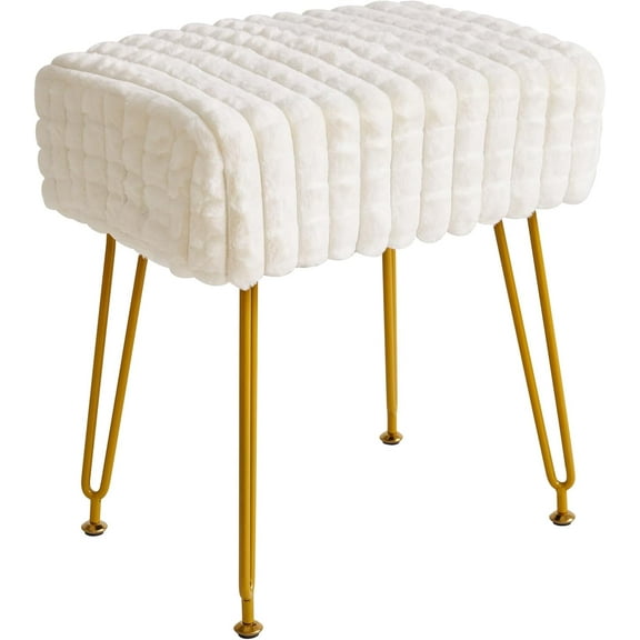 Rectangular Footrest Stool Ottoman, Makeup Vanity Stool Side Table, Velvet Dressing Table Seat, Footstool Chair, Golden Steel Legs, for Makeup Room, Bedroom, Square Grid Pattern, White WBD003W