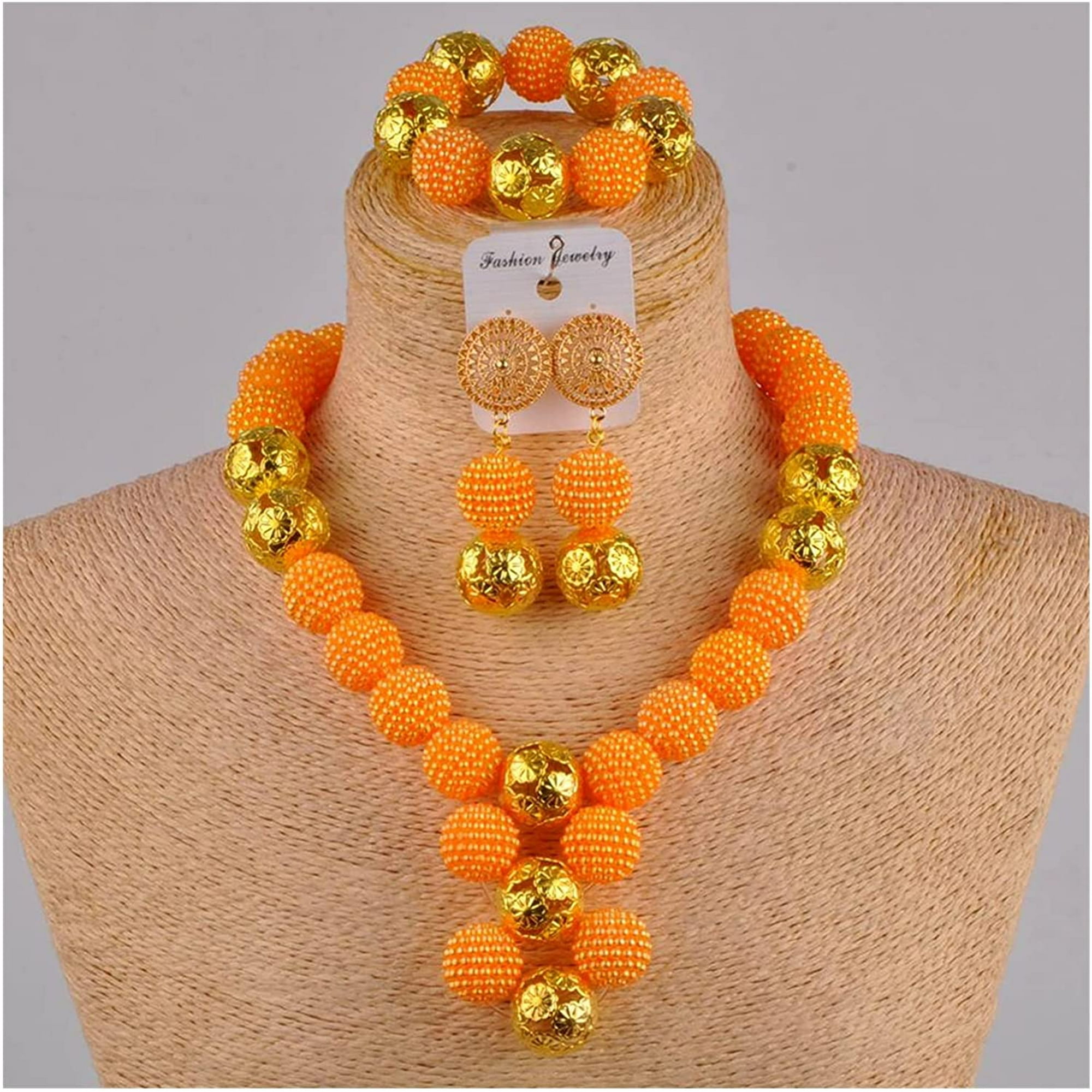 ATTOE Beige Simulated Pearl Gold African Jewelry Set Nigerian Wedding Beads Costume Necklace FZZ30 06 Metal Color Beige Walmart