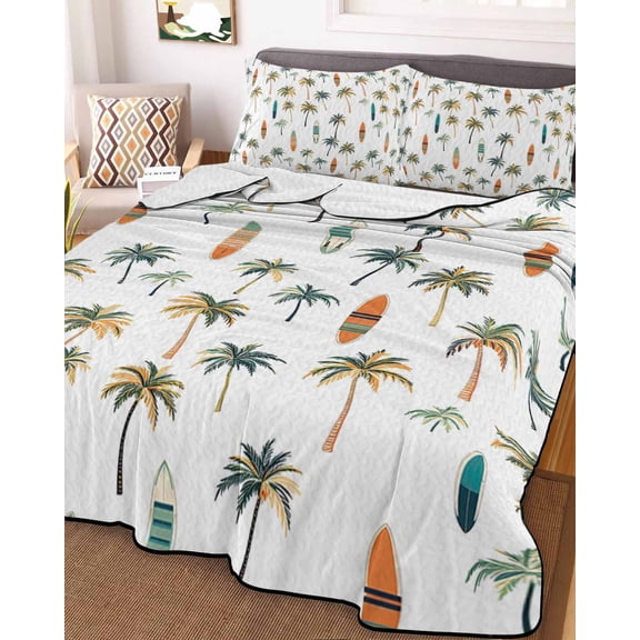 Palm Trees King Size Down Alternative Comforter, Lightweight Comforter Quilt Bedding Set with Pillow Shams Summer Botanical Tropical Plants Kayaks All Seasons Bed Comforter Duvet Insert 96"x106"
