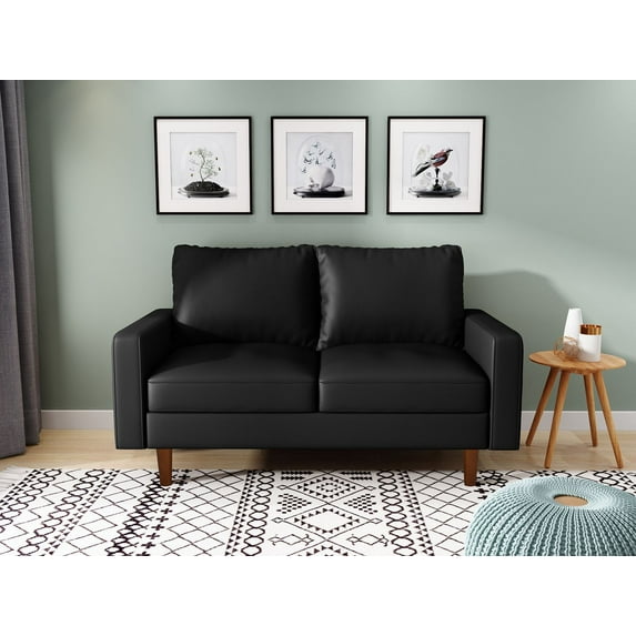 Koby Home's Collection Luca Modern Loveseat, Upholstered in Faux Leather with Track Arms, Cushion Back, and Wooden Legs, 2-Seater for Small Space, Metallic Black Color