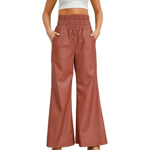 WREESH Womens Leather Pants Fall Fashion Casual Comfortable High Waisted Leather Full Length Pants Brown