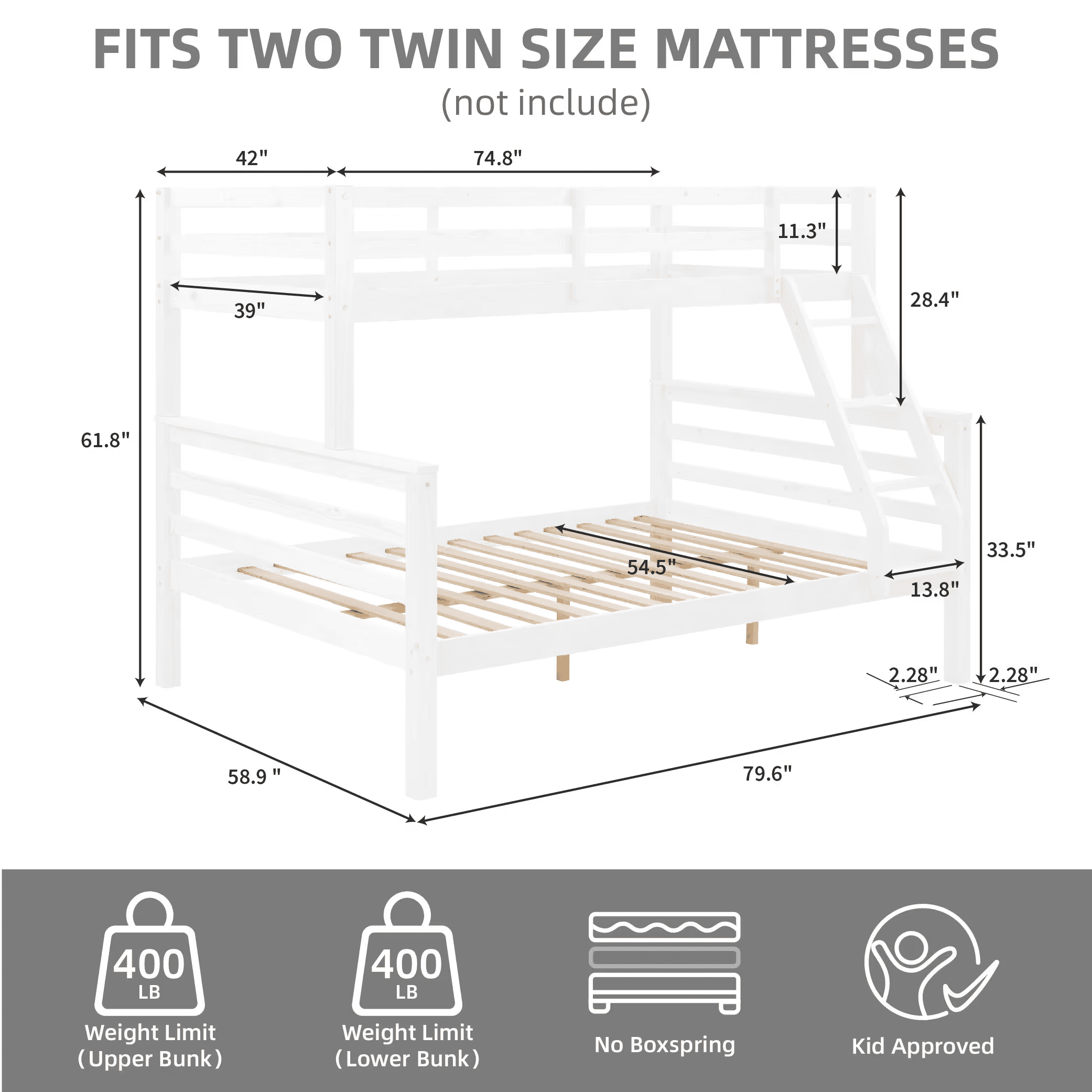 MAYEERTY Twin over Full Bunk Bed with Thick Posts, Wooden Bed Frame with High Guardrail and Ladder for Kids, No Box Spring Needed, White
