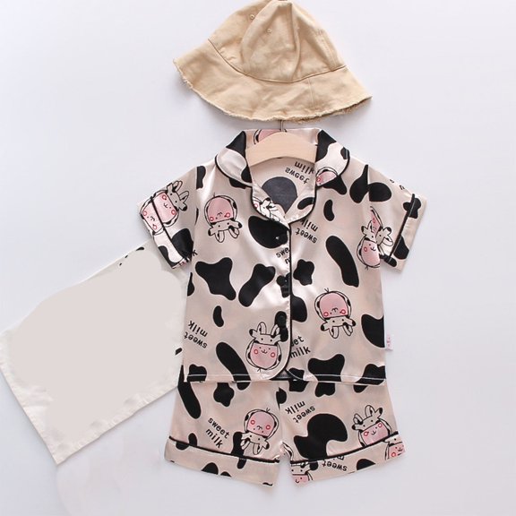 HBYJLZYG Baby Girls Cow Print Satin Pajamas, Short Sleeve Button Front Top with Shorts, 2 Piece Summer Sleepwear Set for Toddler Girls 1-5 Years