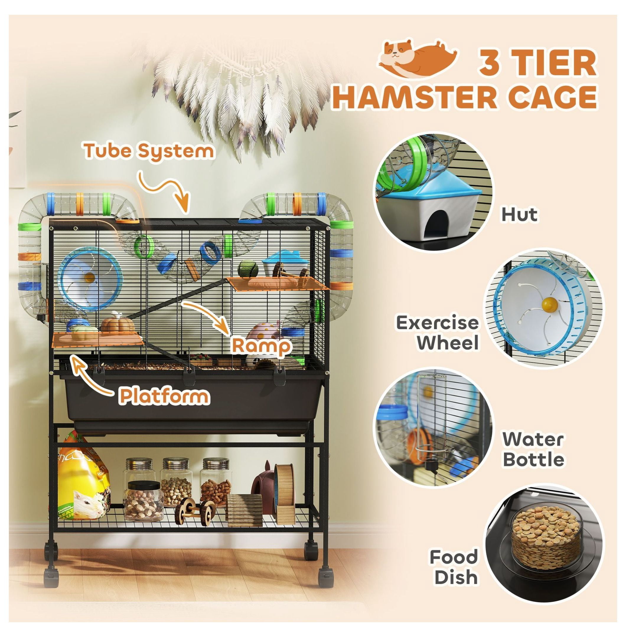 Hamster Cage 3 Tier, Rolling Rat Cage with Deep Tray, Exercise Wheel & Hut - Spacious Small Animal Habitat for Syrian Hamsters, Gerbils
