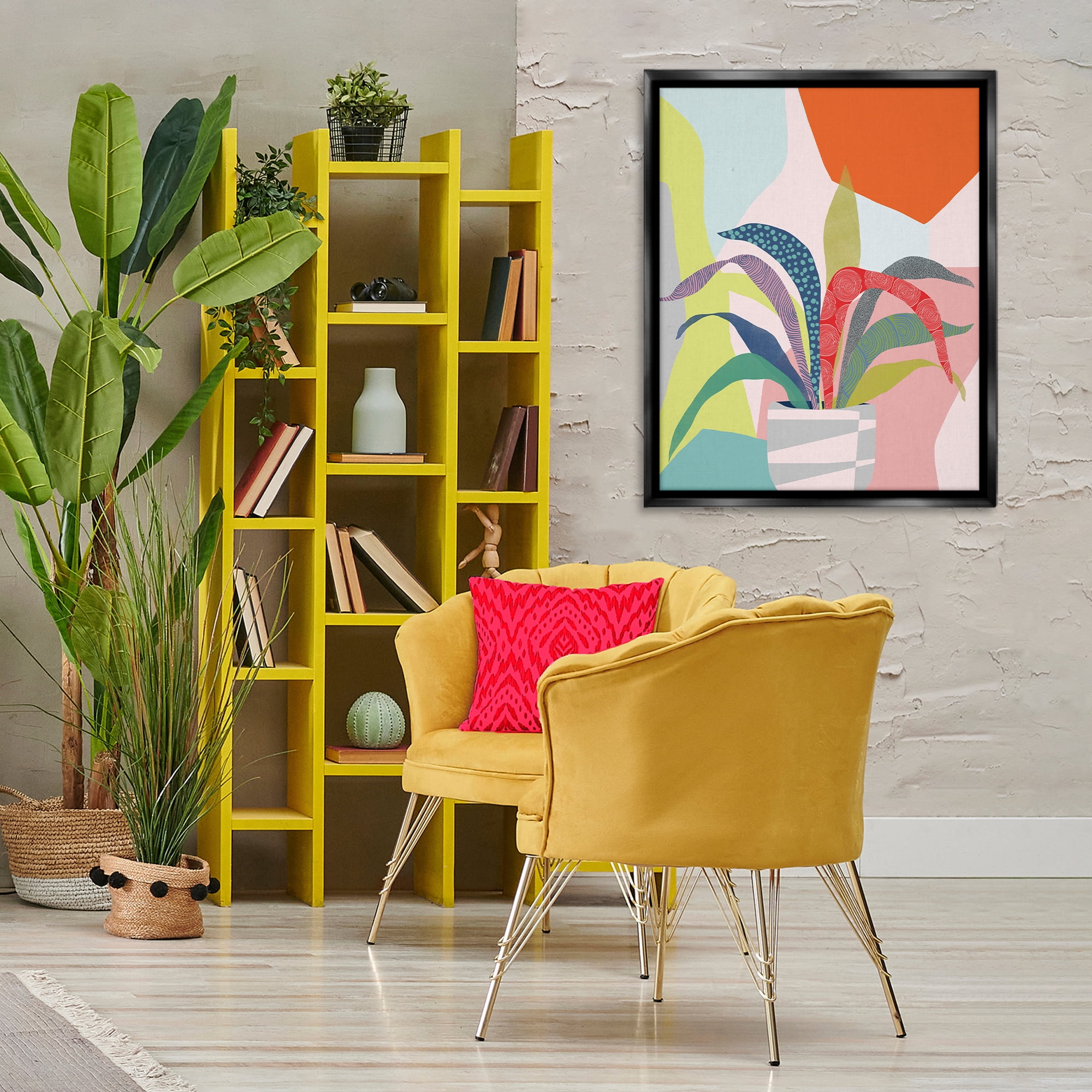 Stupell Industries Modern Geometric Plant Leaves Plants & Flowers Painting Black Floater Framed Canvas Art Print Wall Art, 25 x 31
