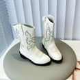 thumbnail image 2 of Girl's Cowboy Boots Trendy Embroidery Leather Zip up Mid Calf Western Cowgirl Booties Round Toe Chunky Heel Fall Winter Boots White 12 Little Kids, 2 of 6