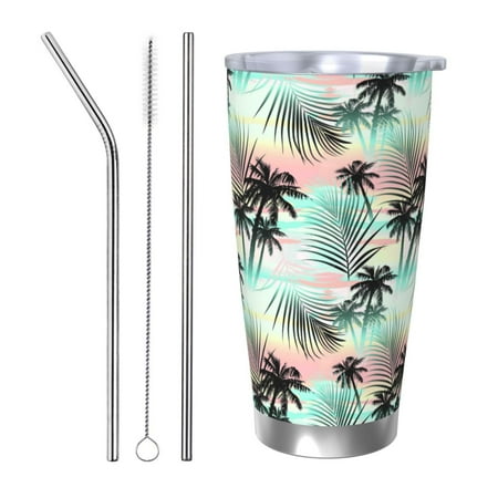 

Gaeub Tropical Summer Palm Print 20-Ounce Stainless Steel Car Cup Tumblers Cups with Lids and Straw Coffee Cups for Adults Kids Home Car Office School Travel Party-Straw Three-piece Set
