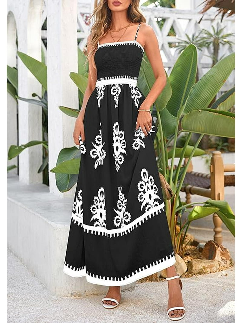 Prettygarden Summer Dress for Women Floral Sundress Spaghetti Strap Flowy Beach Vacation Boho Maxi Dresses, Women's, Size: Large, Black