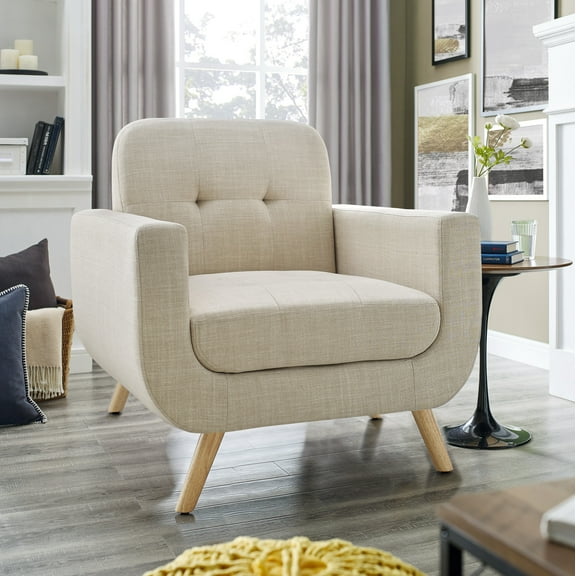 Accent Chair, Comfy Upholstered Armchair with Solid Wood Legs, Linen Fabric Modern High Back Chair for Living Room Chairs, Accent Reading Chairs Single Sofa Chairs, Beige